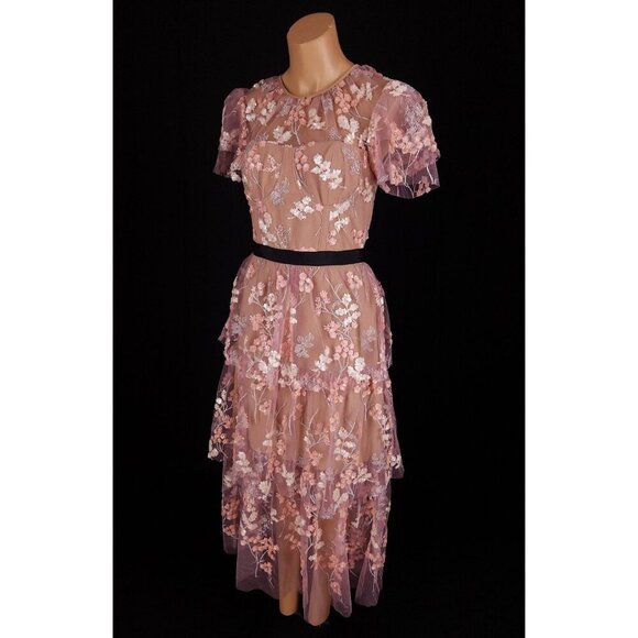 Self-Portrait Lace And Sequin Floral Midi Dress Size US 4 Pink $550 - Picture 5 of 16